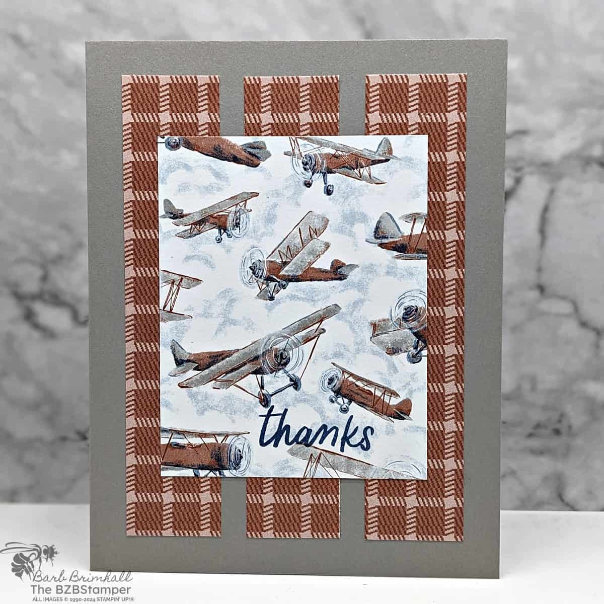 5 Minute Thank You Card using Card Sketch 17 featuring old-fashioned airplanes and a plaid paper background in browns and blues.