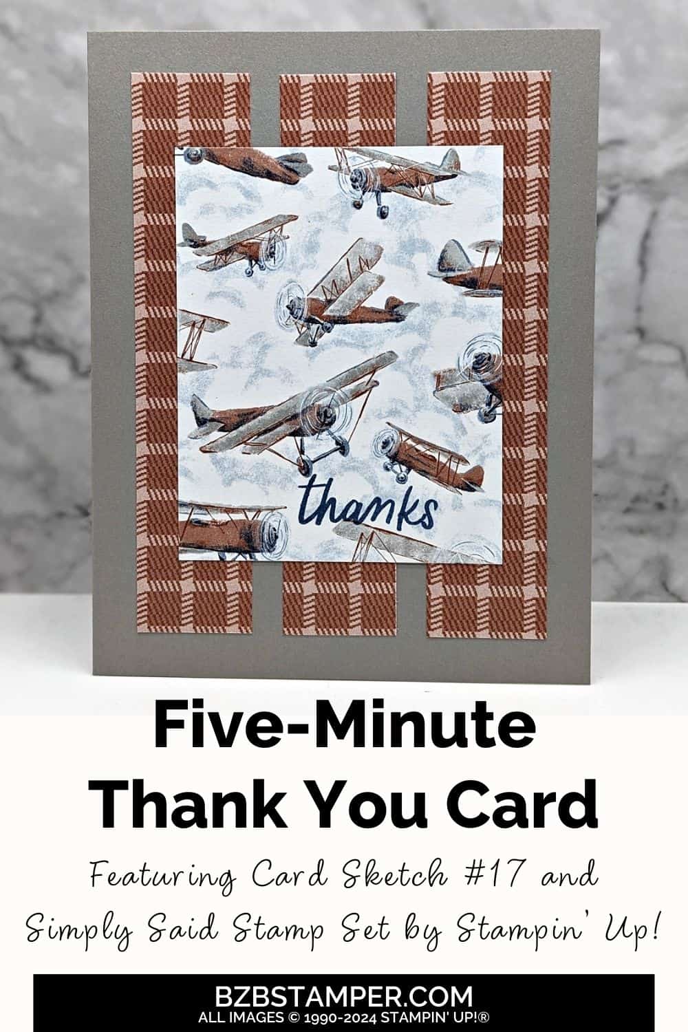 5 Minute Thank You Card using Card Sketch 17 featuring old-fashioned airplanes and a plaid paper background in browns and blues.