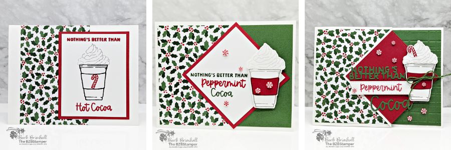 3 Cards using the More Than Autumn Stamp Set featuring a hot cocoa cup with candy cane, some pretty holly paper in red and green, and a "nothings better than Hot Cocoa" sentiment.