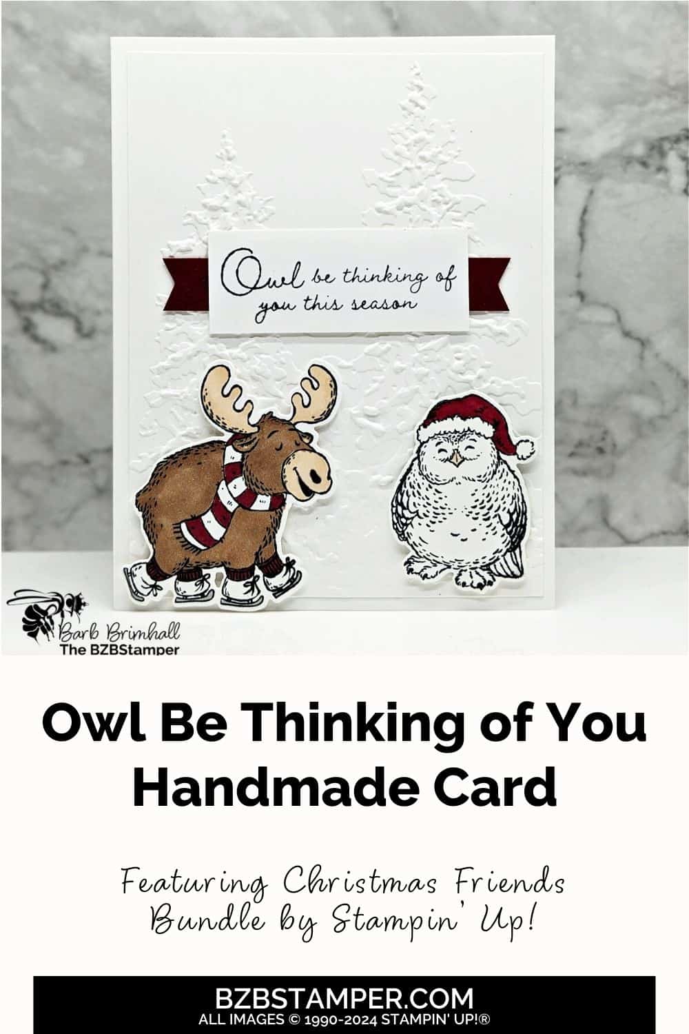 Thinking of You Card with the Christmas Friends Bundle featuring a moose and an owl in a Christmas hat with a "Owl be thinking of you this season" sentiment.