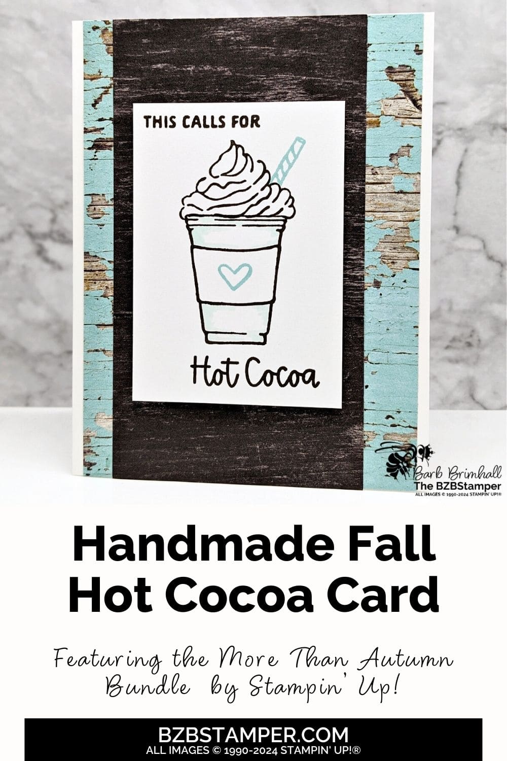 More Than Autumn Hot Cocoa Card featuring a hot cocoa drink with whipped cream and a straw in browns and blues.