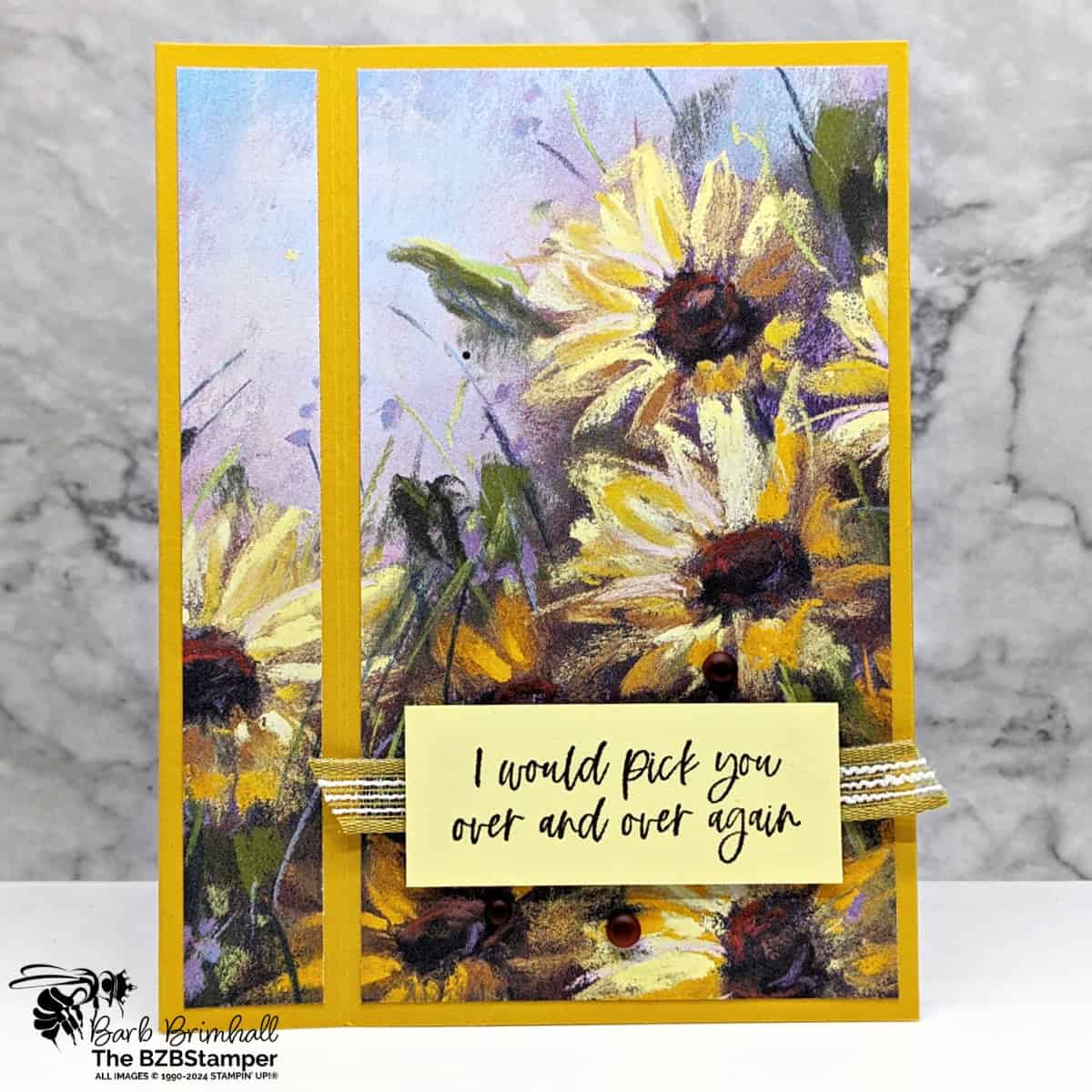 Handmade Fall Card for a Friend featuring pretty Daisy Paper in a watercolor style in yellows, browns and greens.  Sentiment is "I would pick you over and over again."