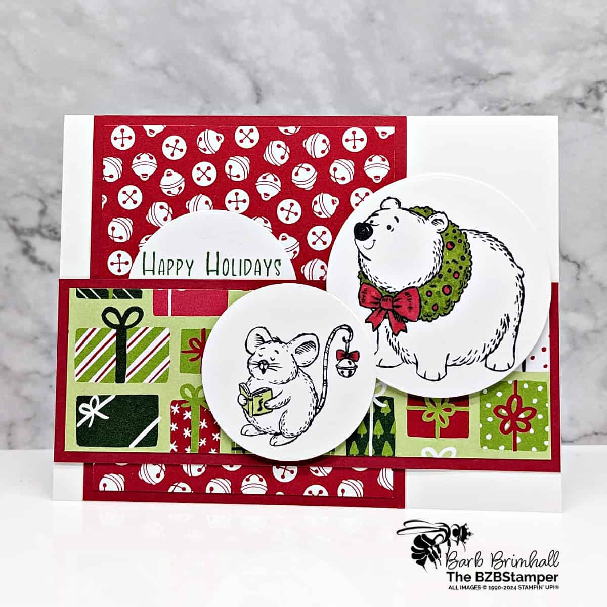 Handmade Happy Holidays Card with Christmas Friends Stamp Set featuring a polar bear and mouse with fun red and green background paper.