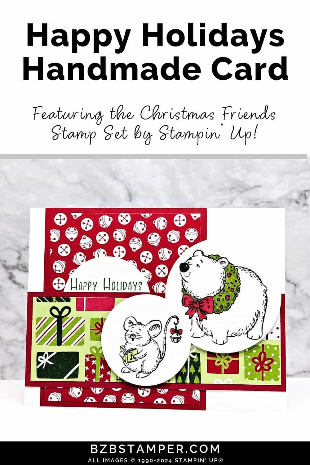 Handmade Happy Holidays Card with Christmas Friends Stamp Set featuring a polar bear and mouse with fun red and green background paper.