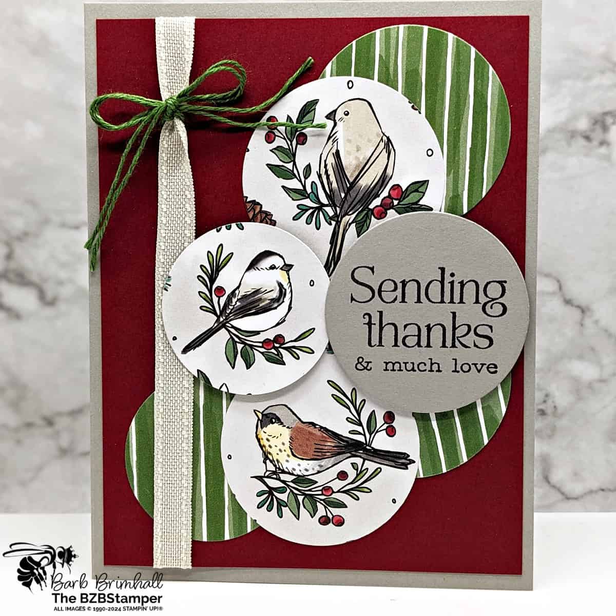 Thank You Card with the Winterly Tree Tops  Stamp Set featuring winter birds and pretty paper punched out in circles. Sentiment is "sending thanks & much love"
