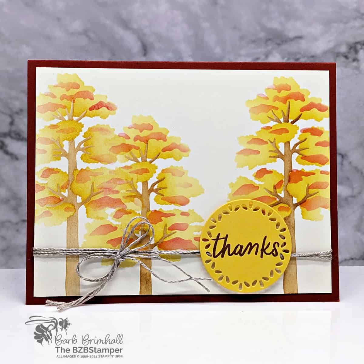 Fall Card with the Frosted Forest Decorative Masks with trees in yellows and browns and a "thanks" sentiment.