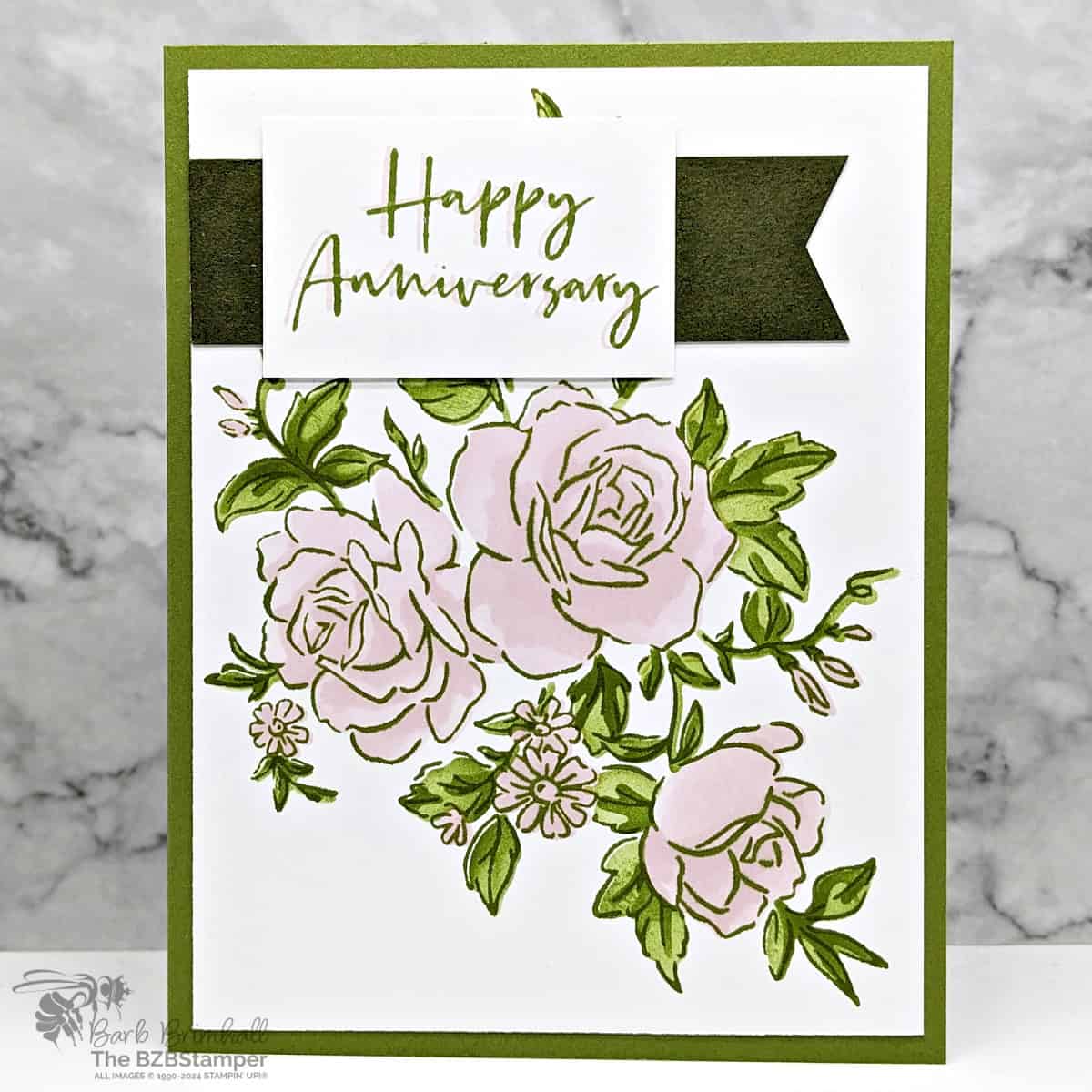 Happy Anniversary Card using the Layers of Beauty Bundle in soft pinks and greens with a rose images.