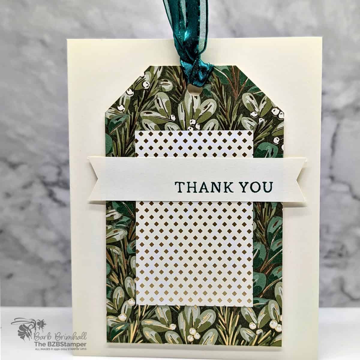 5 Minute Thank You Card using Holiday Card Sketch 3 featuring green and gold Designer Paper with gold foiling and a "Thank You" sentiment.  