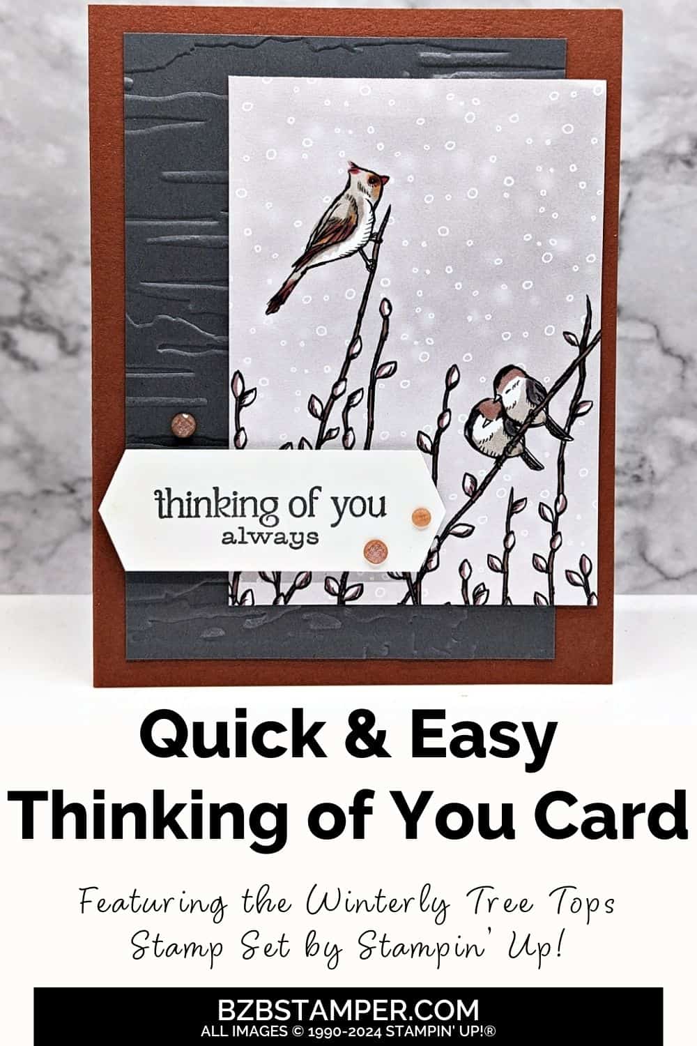 Thinking Of You Card with the Winterly Tree Tops Stamp Set featuring some pretty paper with birds in Earth Tone colors, as well as a "thinking of you always" sentiment.  