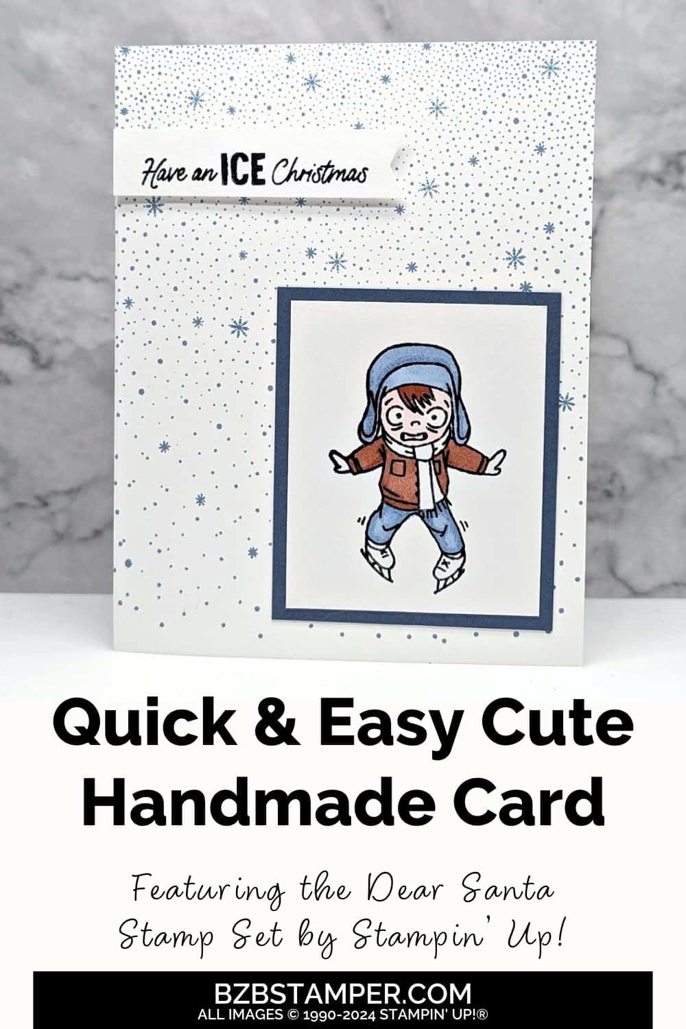 Have an Ice Christmas with the Dear Santa Stamp Set featuring a boy trying not to fall on skates and a snowflake background in Blues and browns.