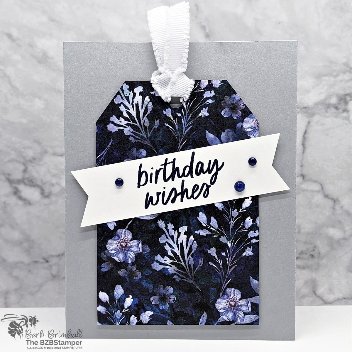 5 Minute Birthday Card Using Holiday Card Sketch 1 featuring pretty Navy and Gray paper with a paper tag on the front and a "birthday wishes" sentiment on the tag.