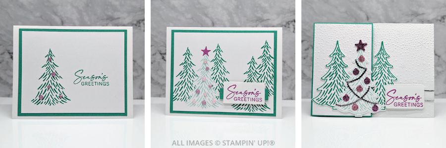 3 Cards using the Decorative Trees Bundle by Stampin' Up! with fir trees in green and bright pink embellishments, with the 3rd card being a fun fold card.   Sentiment is "Season's Greetings"