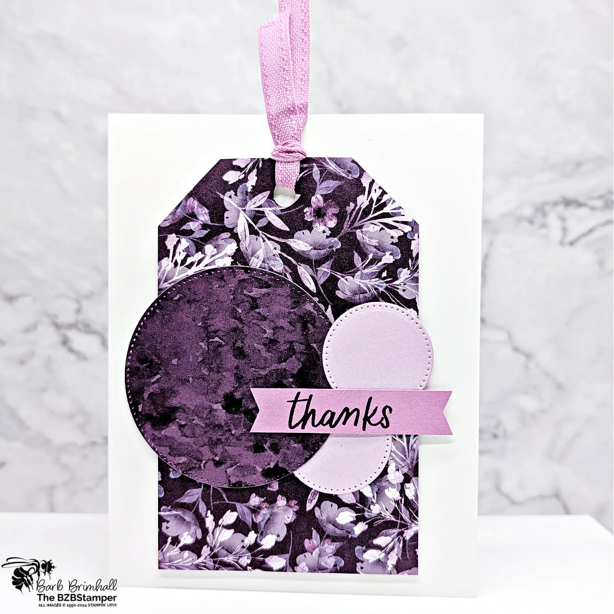 5 Minute Thank You Card using Holiday Card Sketch 5 with a Tag front with layered circles in various shades of purples.