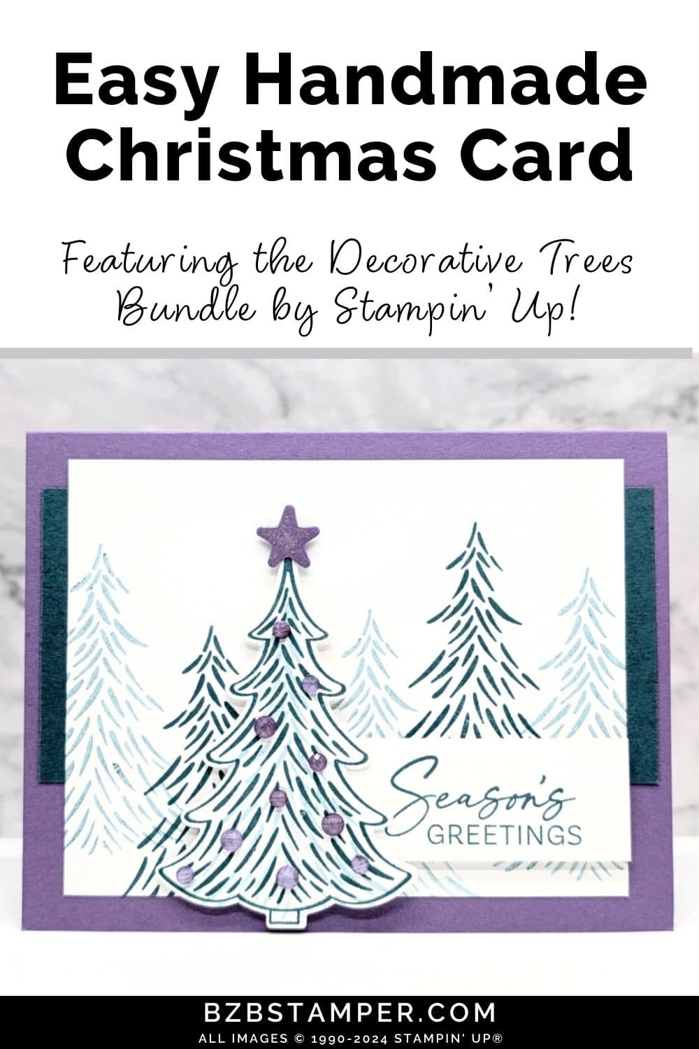 Season's Greetings with the Decorative Trees Bundle featuring several fir trees in green-blue and purple accents and a "season's greetings" sentiment.