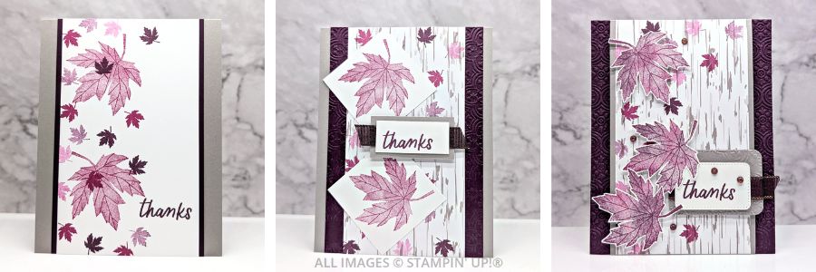 3 Cards using the Autumn To Remember Stamp Set by Stampin' Up! in shades of gray and purple, with a "thanks" sentiment and some beautiful wood-grain paper.  Major focal point are purple leaves.