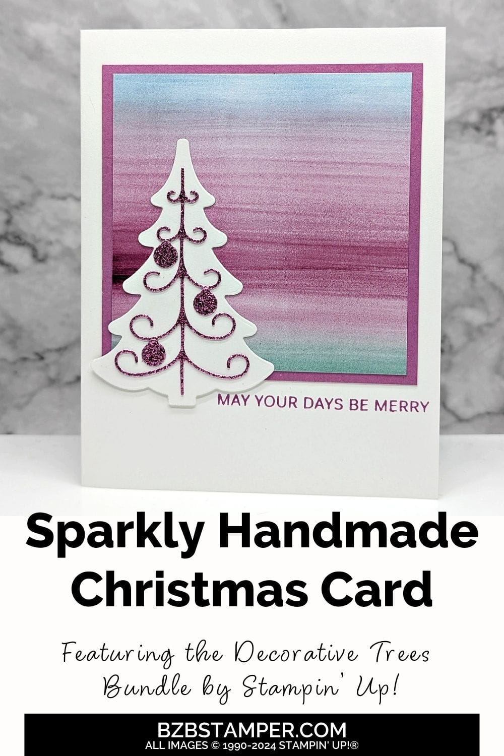 Sparkly Christmas Card with the Decorative Trees Bundle by Stampin' Up! featuring purples and blues with fun background paper and sparkle glimmer paper with a "May Your Days Be Merry" sentiment. 