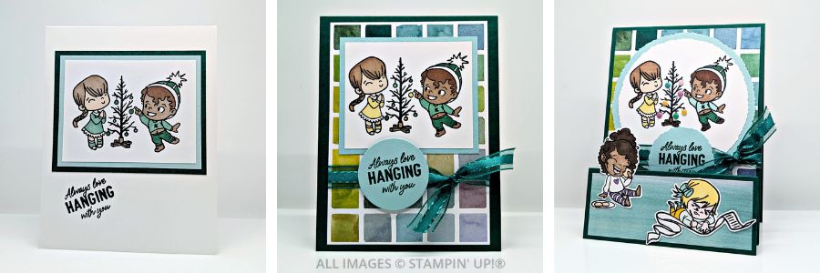 3 Cards using the Dear Santa Stamp Set by Stamping Up! featuring children gett ready for Christmas.  All colors but primarily in dark green and light blue, with whimsical images and a "Always love Hanging with You" and decorating a Charlie Brown type of tree.