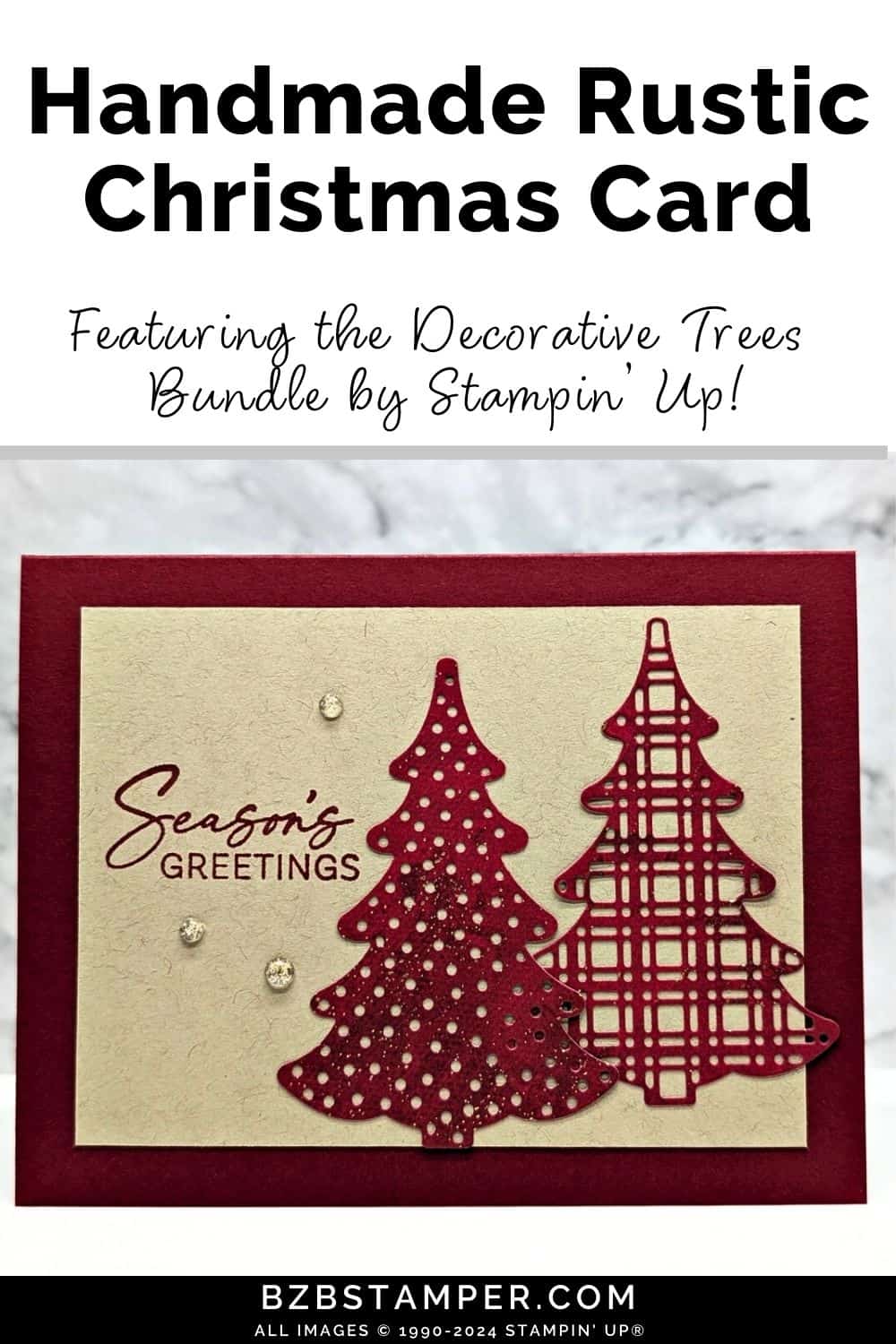 Rustic Christmas Card with the Decorative Trees Bundle in kraft and deep red, featuring 2 die-cut trees on the front of the card and a "Season's Greetings" sentiment.