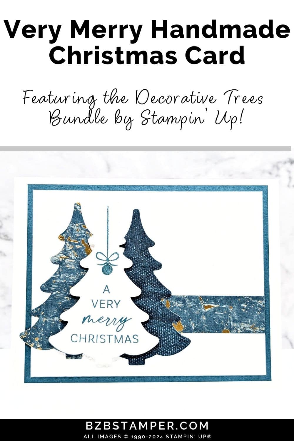 Very Merry Christmas Card with Decorative Trees Bundle featuring 3 die-cut trees in different shades of blue and a snowflake embossed background.