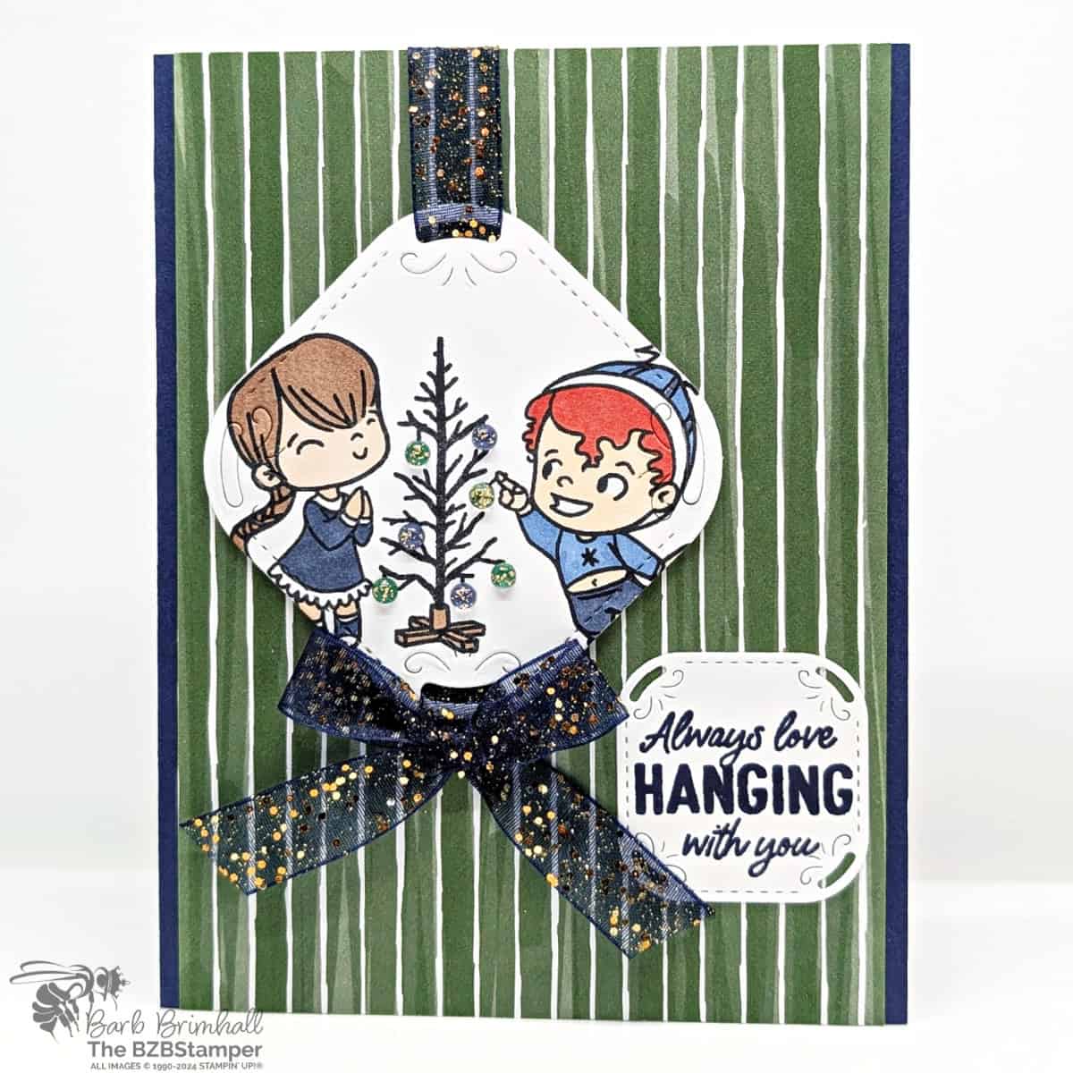 Whimsical Holiday Card with the Dear Santa Set featuring 2 kids adding ornaments to a tree in green and blue and a "always love hanging with you" sentiment.