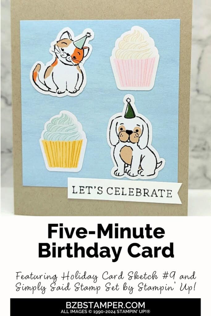 Lets Celebrate Card using Holiday Card Sketch 9 in pastels with a kraft base card, featuring a kitty, dog, and 2 cupcakes. 
