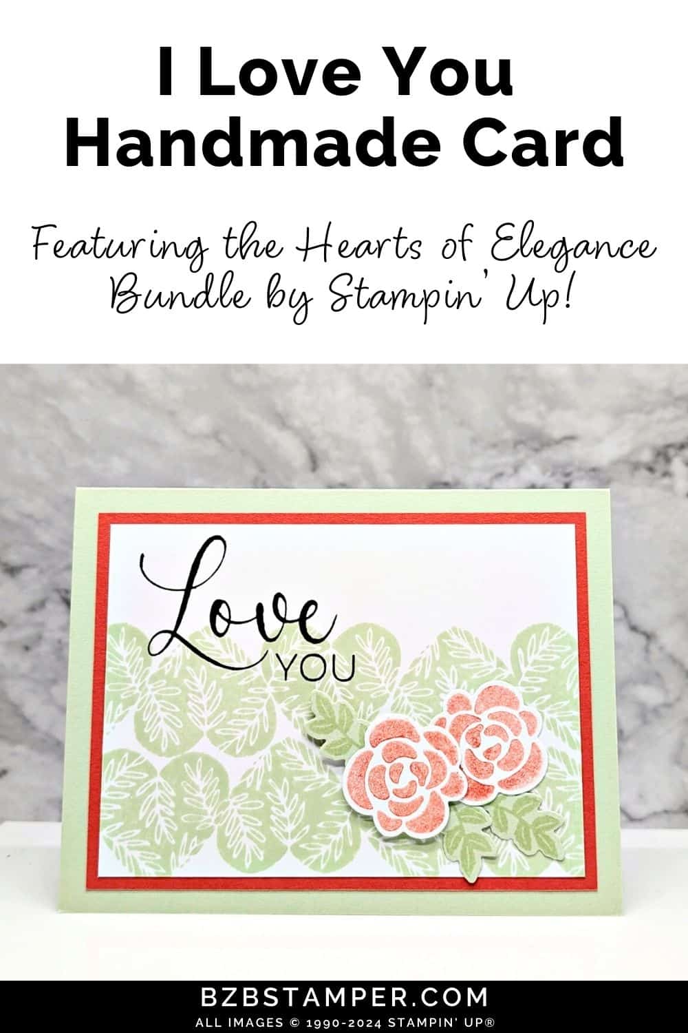 Love You Cards with the Hearts of Elegance Bundle featuring orange flowers and green hearts, with a "love you" sentiment.
