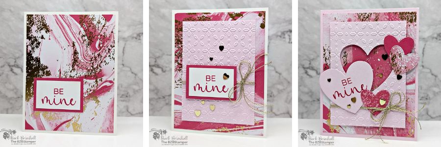 3 Cards using the Hearts of Elegance Bundle featuring marbled gold & pink background paper, heart dies and heart embellishments.  Sentimnt is "be mine"