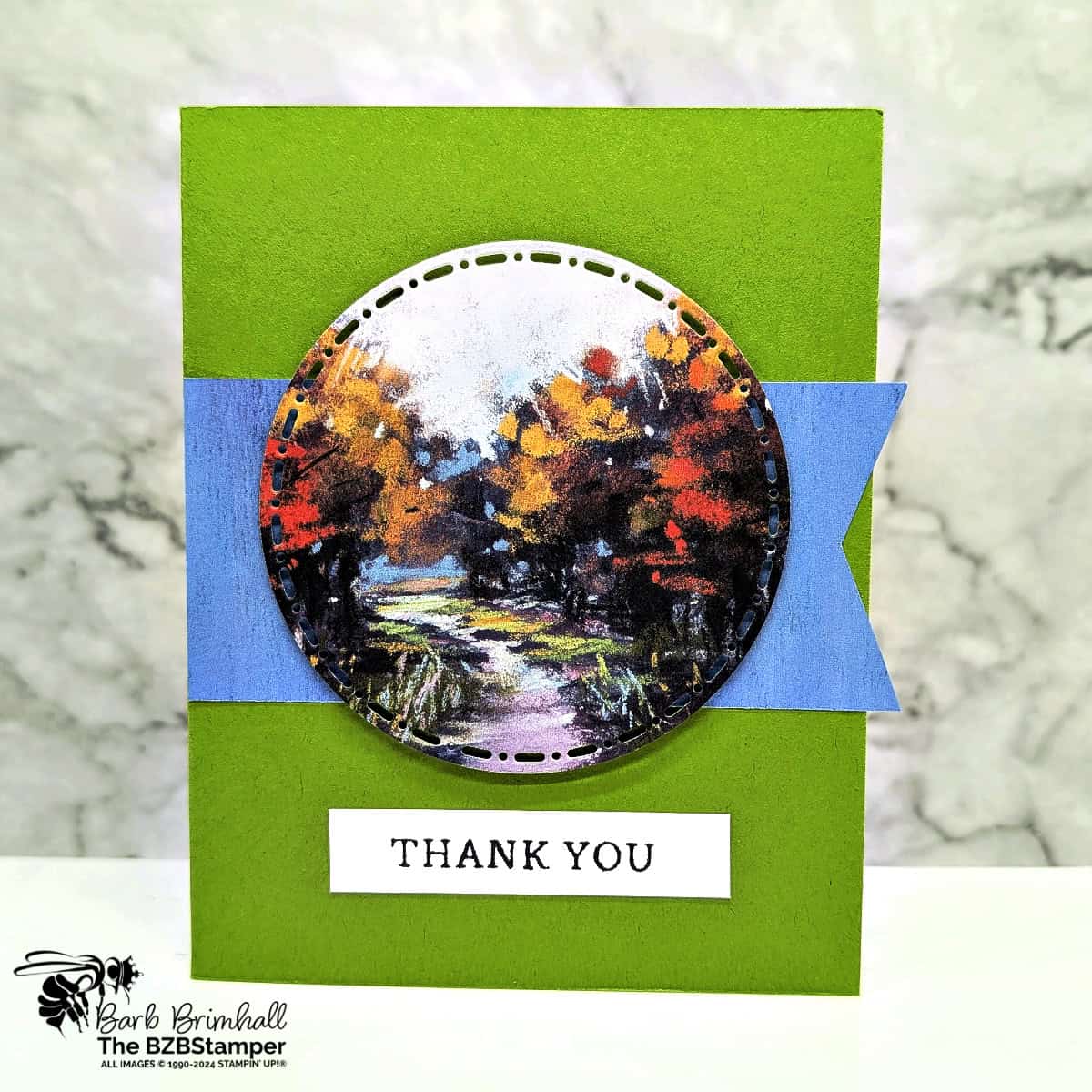 5 Minute Thank You Card using Holiday Card Sketch 10 in blues and greens and featuring a nature scene on a die-cut circle.