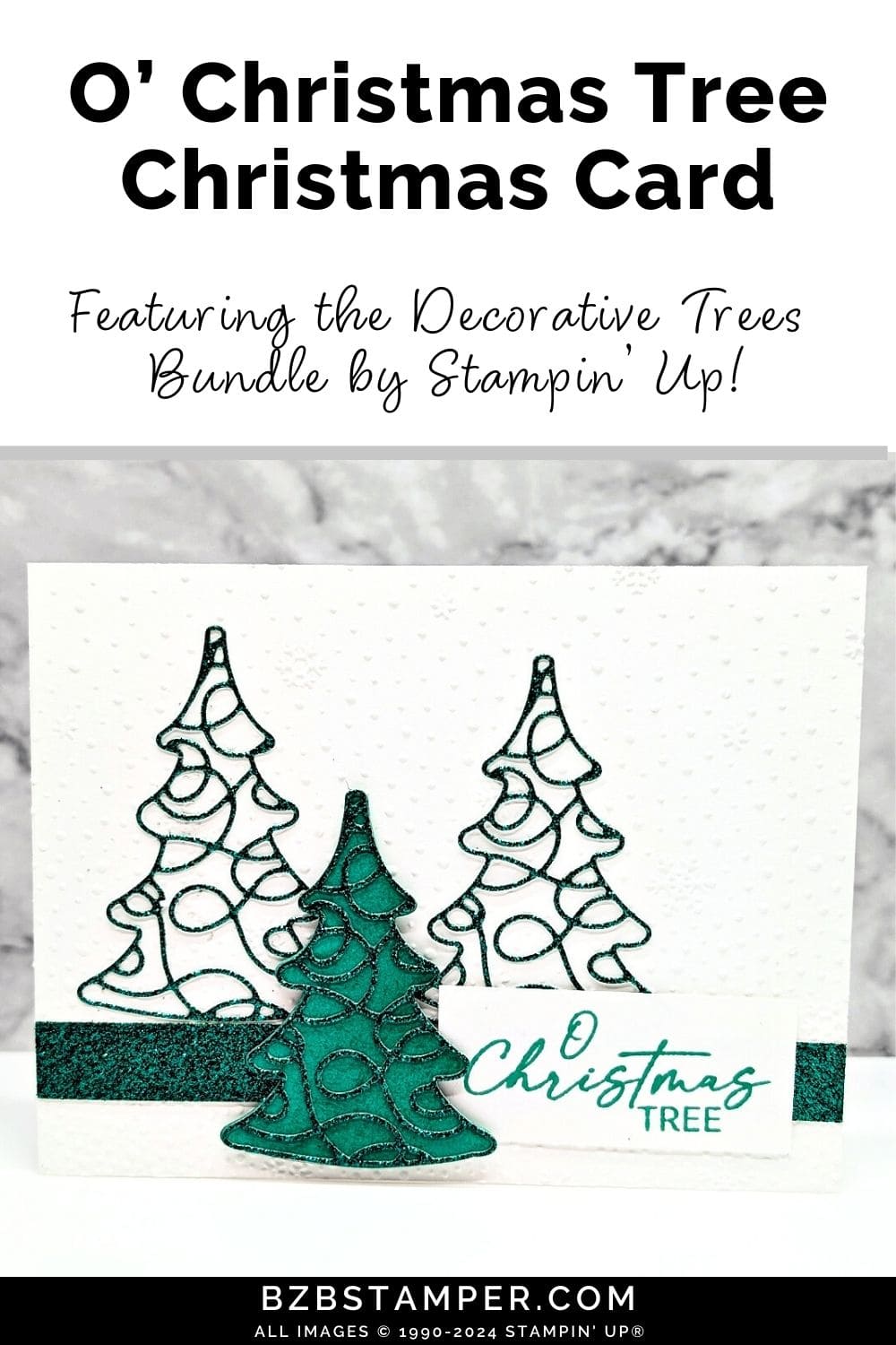 O Christmas Tree Card with Decorative Trees Bundle featuring green glimmer paper, a snowflake embossed background and an "O Christmas Tree" sentiment.