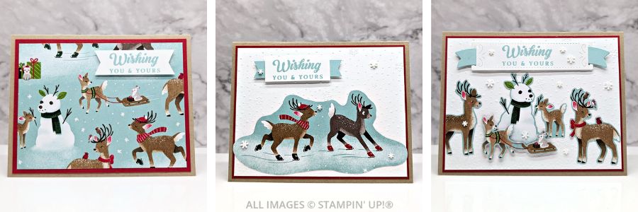 3 Cards using the Peaceful Season Bundle featuring pretty paper with reindeer and snowmen, in kraft, blue and red colors.  Sentiment is "wishing you & yours" with a "Merry Christmas" sentiment inside the card.
