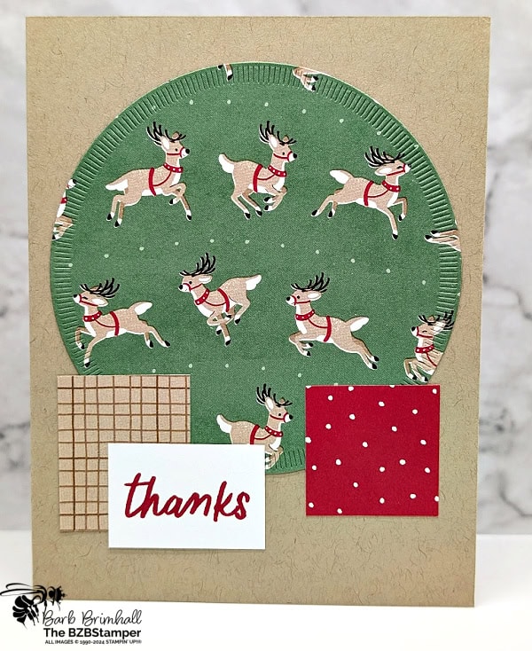 5 Minute Thank You Card using Holiday Sketch 13 featuring reindeer paper and whimsical shapes in red, green, and brown with a "thanks" sentiment.