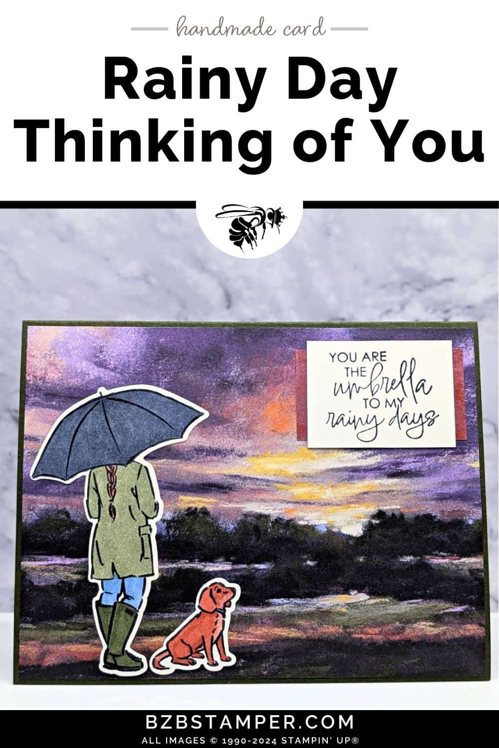 Thinking of You Card Using Umbrella Days Bundle and beautiful paper that evokes a rainy day theme, along with a girl holding and umbrella and a dog.