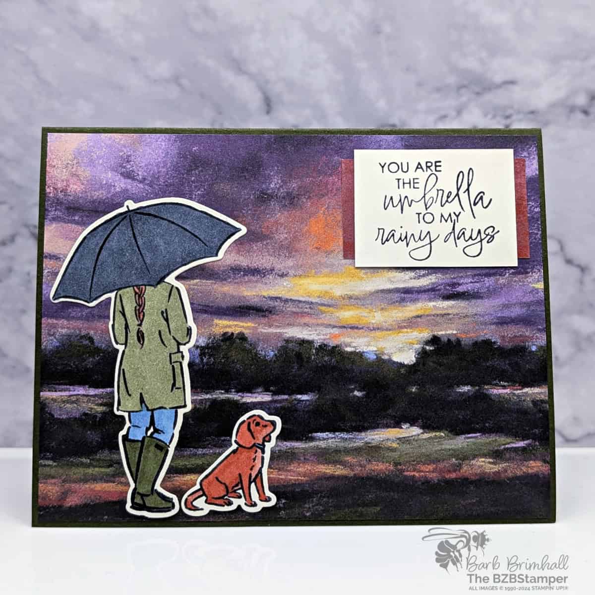 Thinking of You Card Using Umbrella Days Bundle and beautiful paper that evokes a rainy day theme, along with a girl holding and umbrella and a dog.