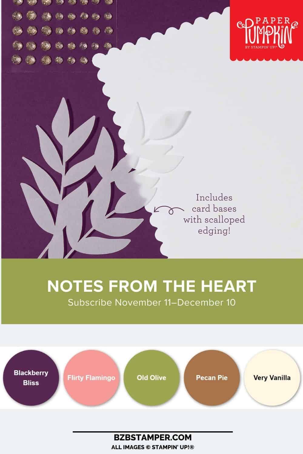 Notes from the Heart Monthly Crafting Subscription Box features 9 all-occasion cards with coordinating envelopes and vellum leaf pieces.