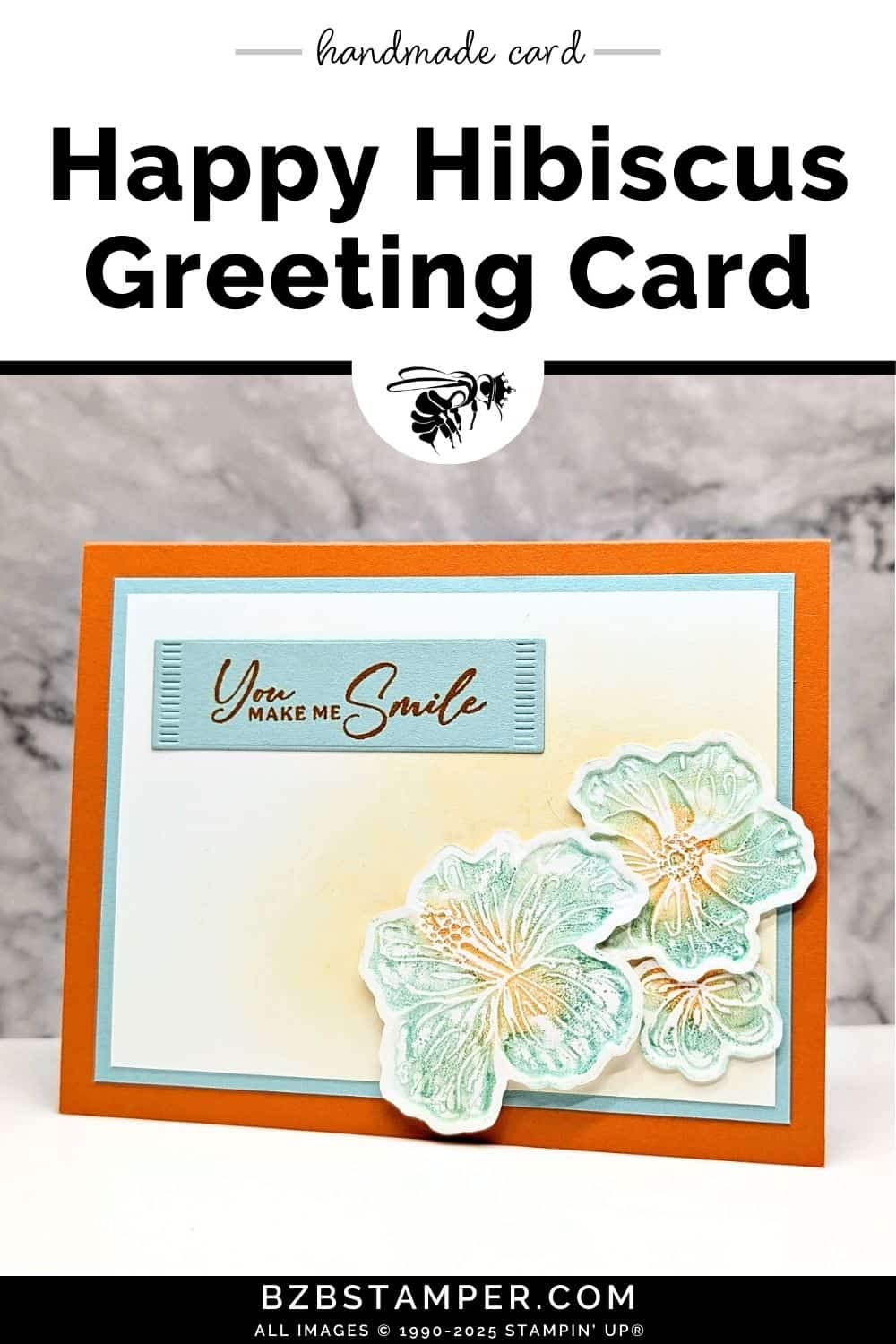 Happy Hibiscus All-Occasion Card in blues and oranges featuring 3 die-cut hibiscus flowers and a sentiment "you make me smile"
