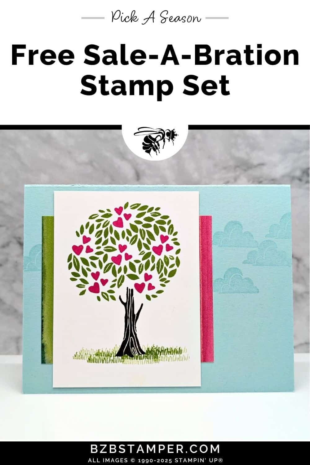 This Handmade Card for Any Occasion with Pick A Season featuring a tree with hearts snuggled in the tree, fun paper, and a blue background with clouds.  No sentiment on this card.