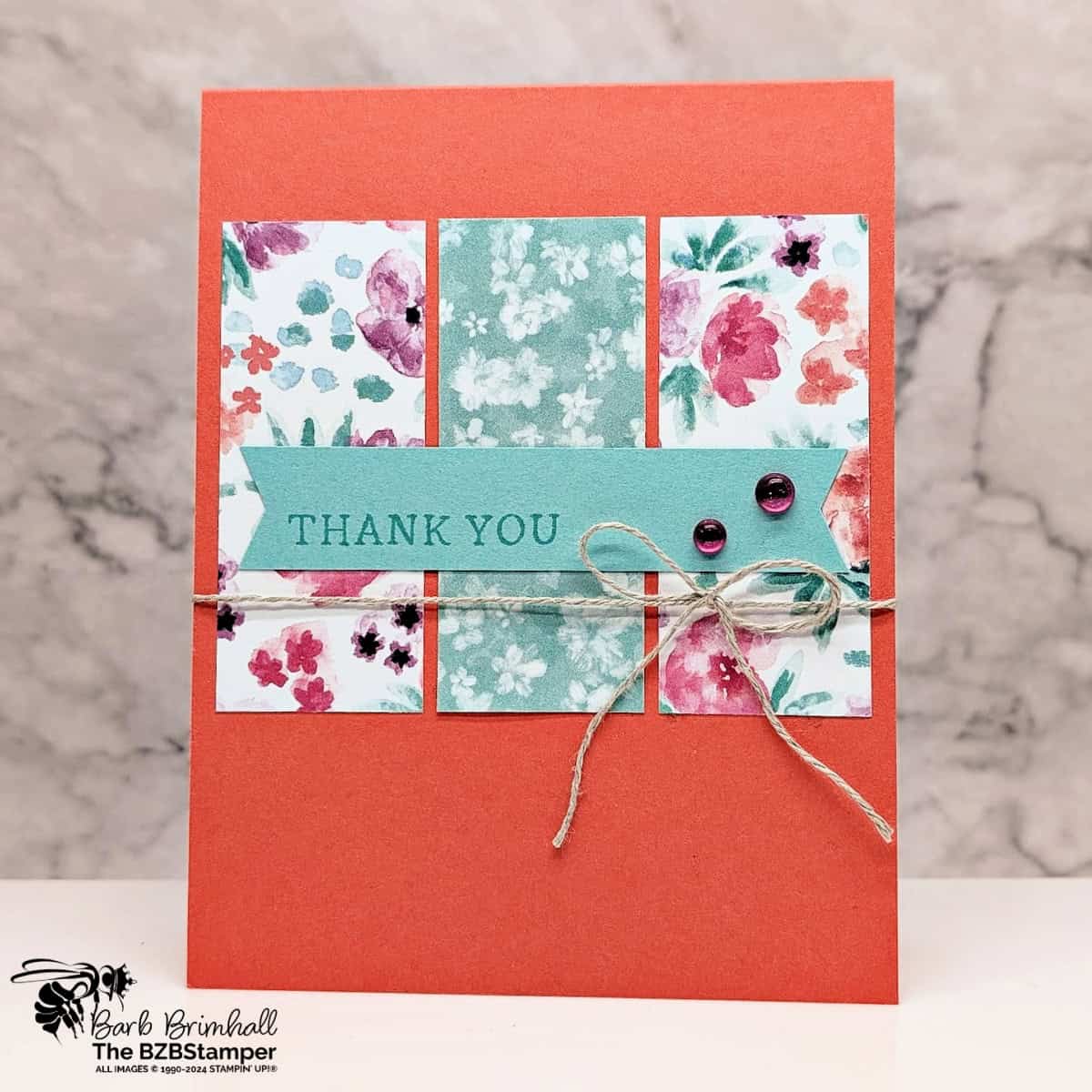 5 Minute Thank You Card Using Card Sketch 31 in oranges and blues with pretty floral paper.