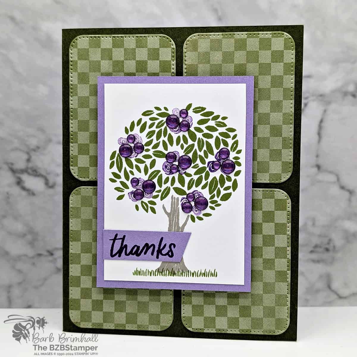 Thank You Card using the Pick A Season Stamp Set in purples and greens featuring some fun checkered paper and a tree.