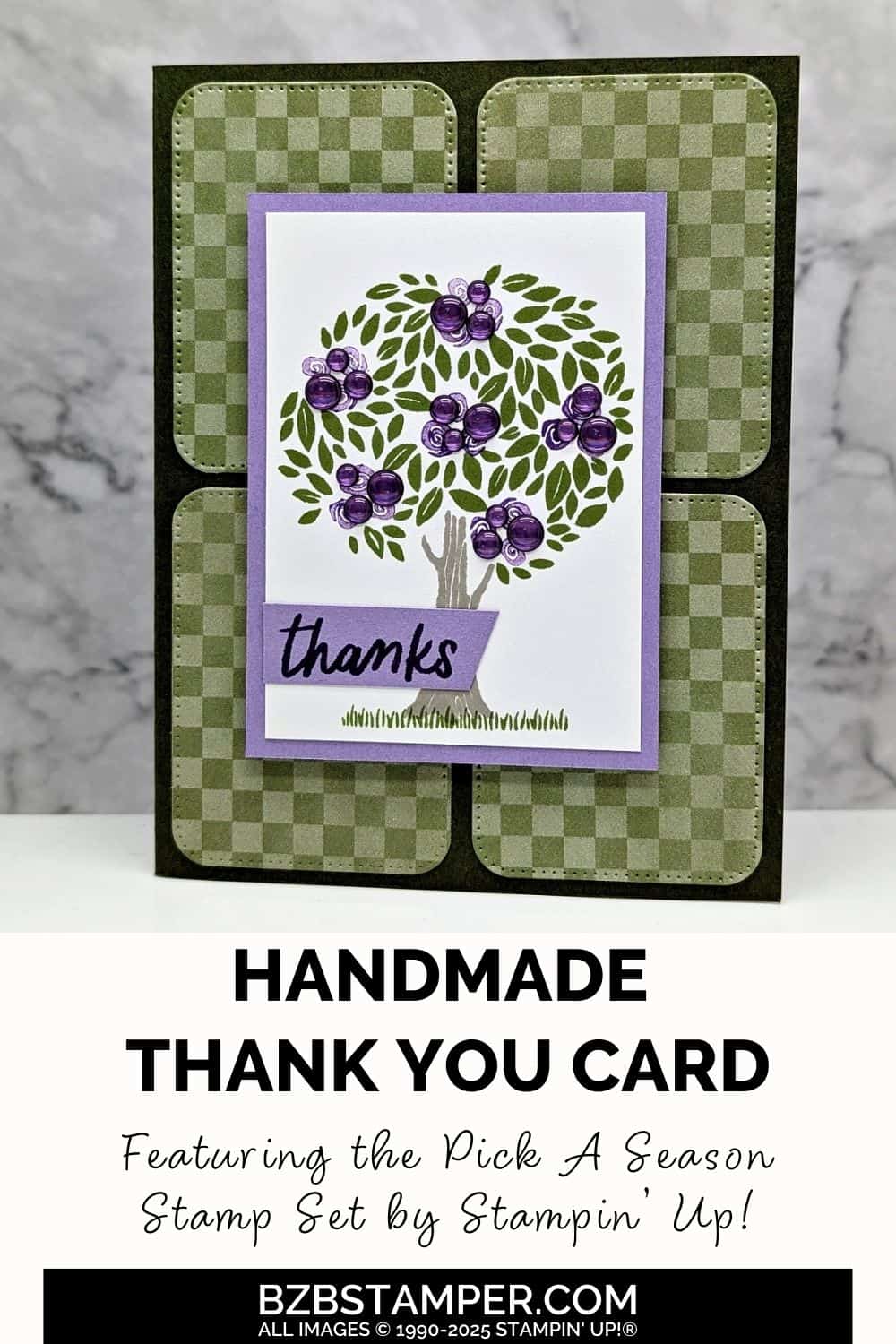 Thank You Card using the Pick A Season Stamp Set in purples and greens featuring some fun checkered paper and a tree.