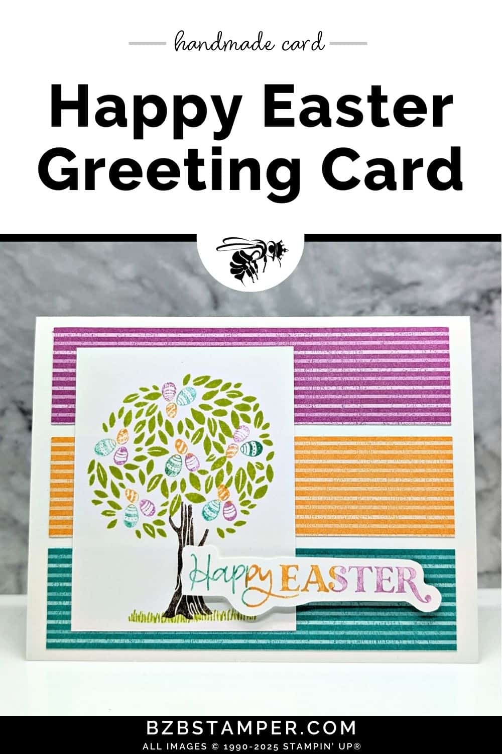 Happy Easter Card Using the Pick A Season Stamp Set in purple, blue and peach, featuring a tree hiding Easter Eggs.
