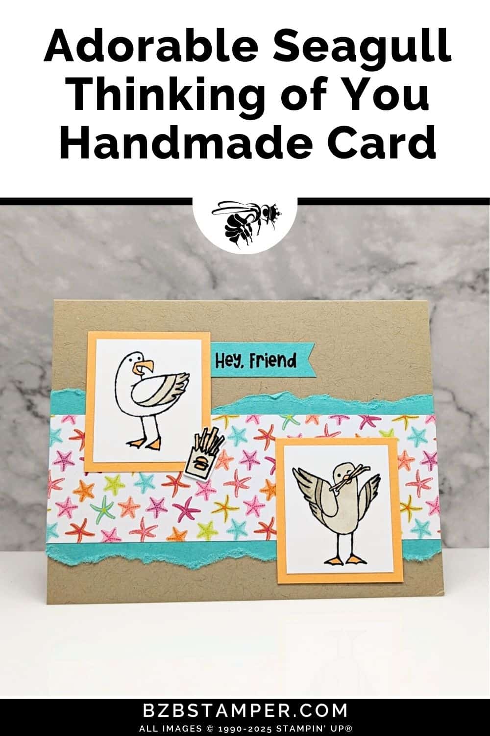 Make a Fun Friendship Card Featuring Playful Seagulls sharing french fries, with pretty papers in blues, yellows and pinks and a "hey friend" sentiment.
