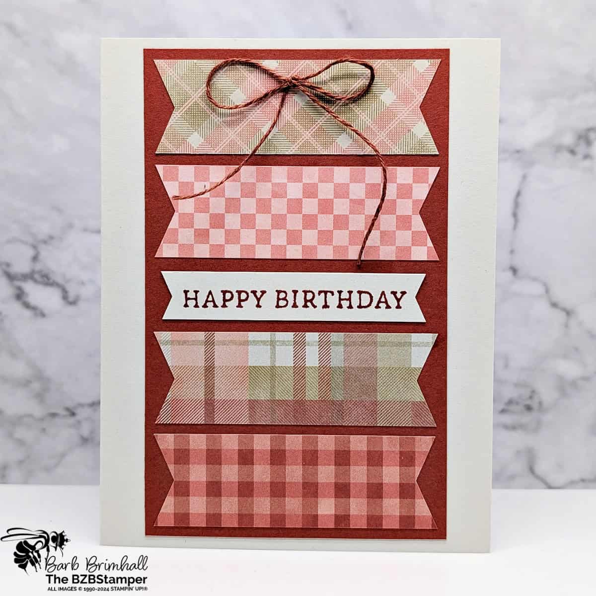 5 Minute Birthday Card Using Card Sketch 34 featuring pretty paper banners in rust, coral, green and a Happy Birthday sentiment.