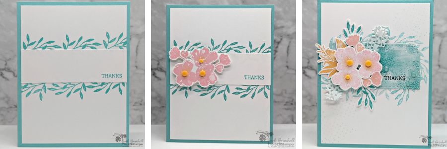 3 Card using the Regal Flora Bundle in blues, pinks and peaches, featuring floral stamps with leaves and a "thanks" sentiment.
