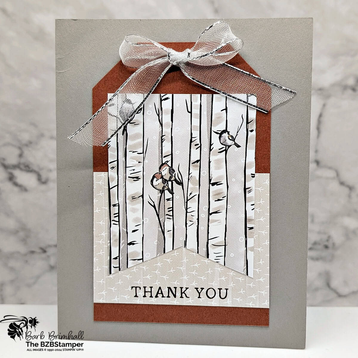 5 Minute Thank You Card using Holiday Sketch 12 using pretty paper featuring birds and neutral pattern, with a thank you sentiment.  Colors in grays and browns.