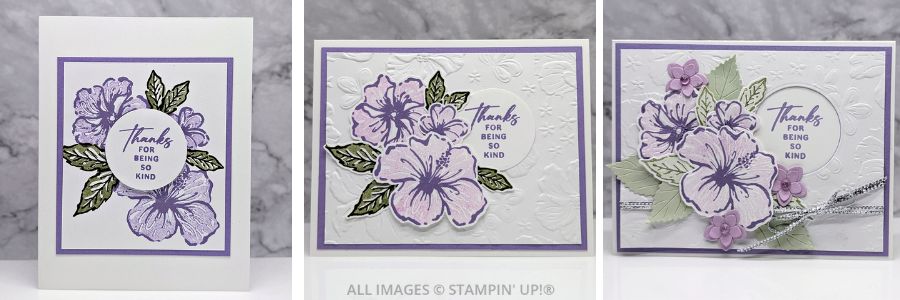 3 Cards using the Happy Hibiscus Bundle featuring purples and greens with a "thanks for being so kind" sentiment.