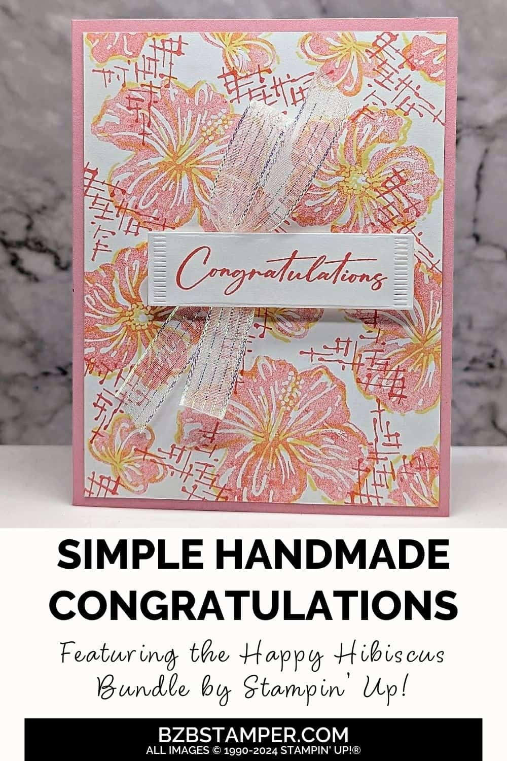 Congratulations Card With the Happy Hibiscus Bundle in soft pink and yellow flowers with a "congratulations" sentiment and some white sparkly ribbon.