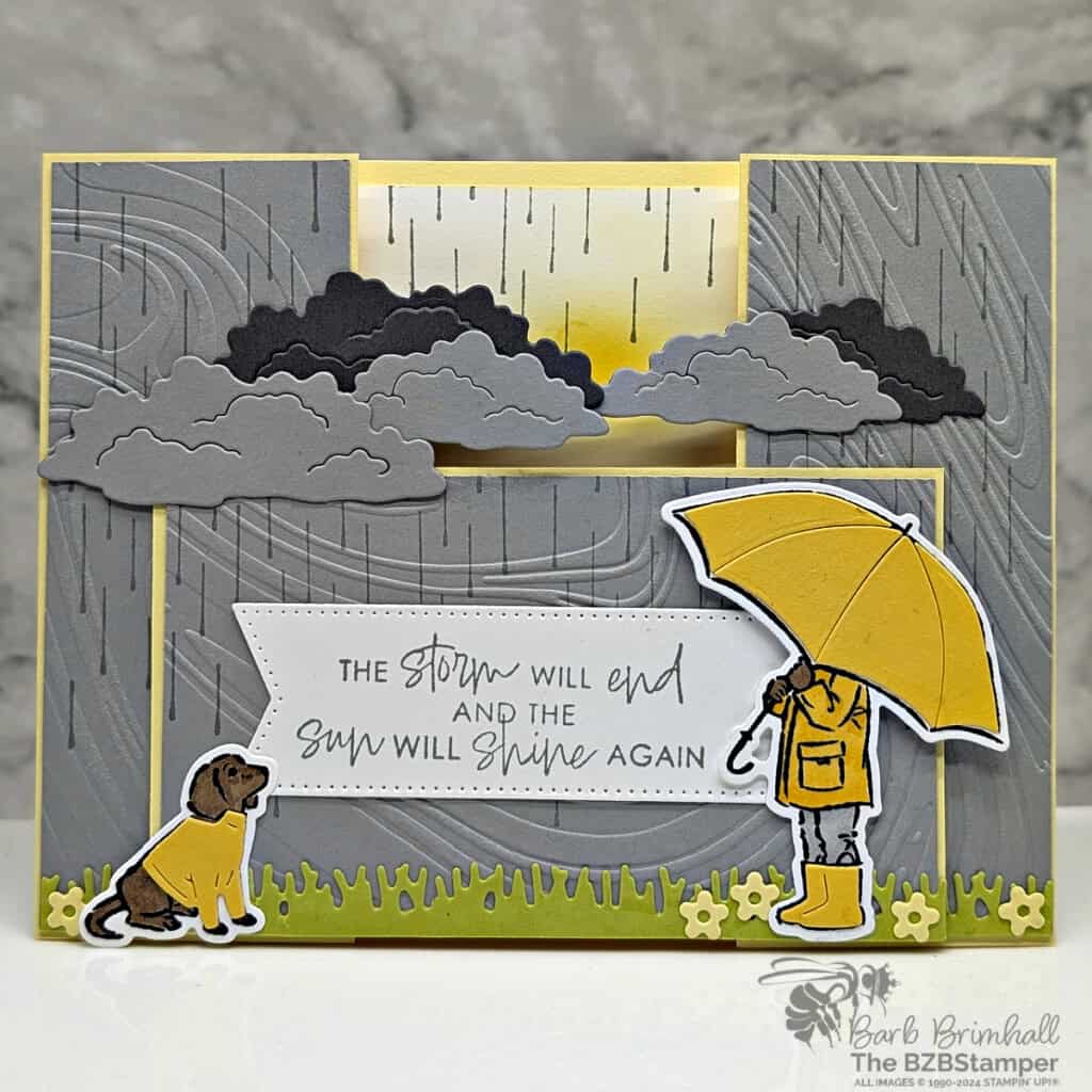 3 Cards using the Umbrella Days Bundle in yellows and grays featuring a girl holding an umbrella on a cloudy day and the sentiment "the storm will end and the sun will shine again."