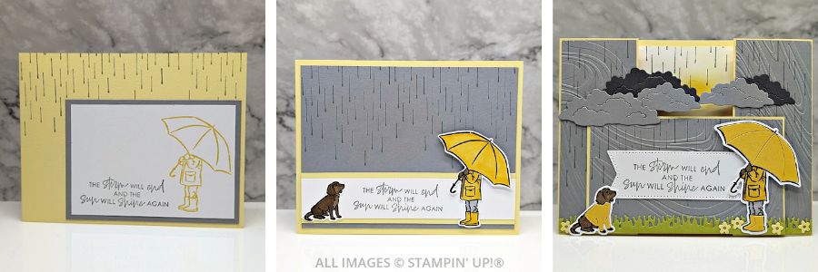 3 Cards using the Umbrella Days Bundle in yellows and grays featuring a girl holding an umbrella on a cloudy day and the sentiment "the storm will end and the sun will shine again."
