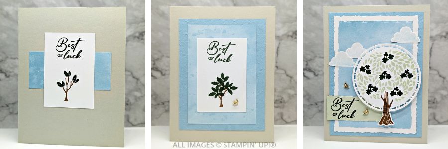 3 Cards using the Pick A Season Stamp Set in blues, greens and beige featuring a seedling that turns into a tree, with the sentiment "best of luck".
