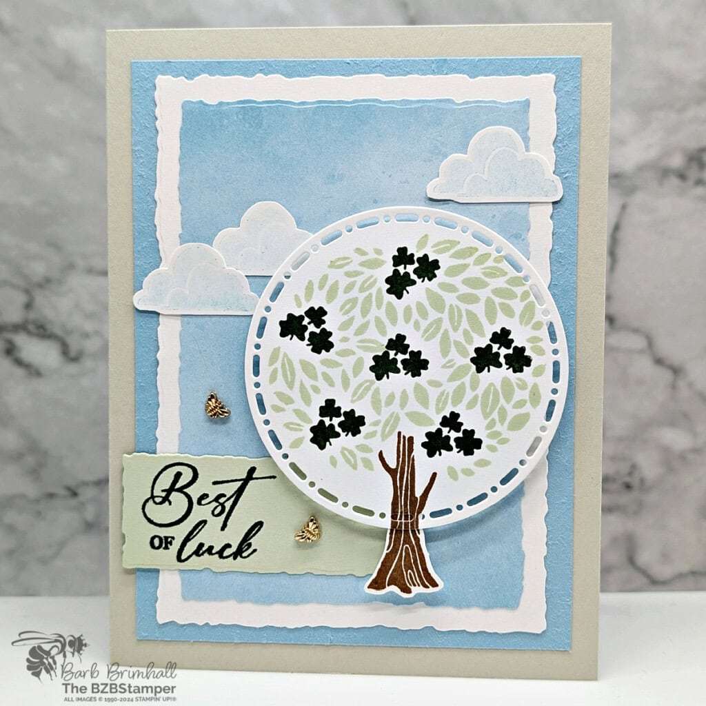 3 Cards using the Pick A Season Stamp Set in blues, greens and beige featuring a seedling that turns into a tree, with the sentiment "best of luck".
